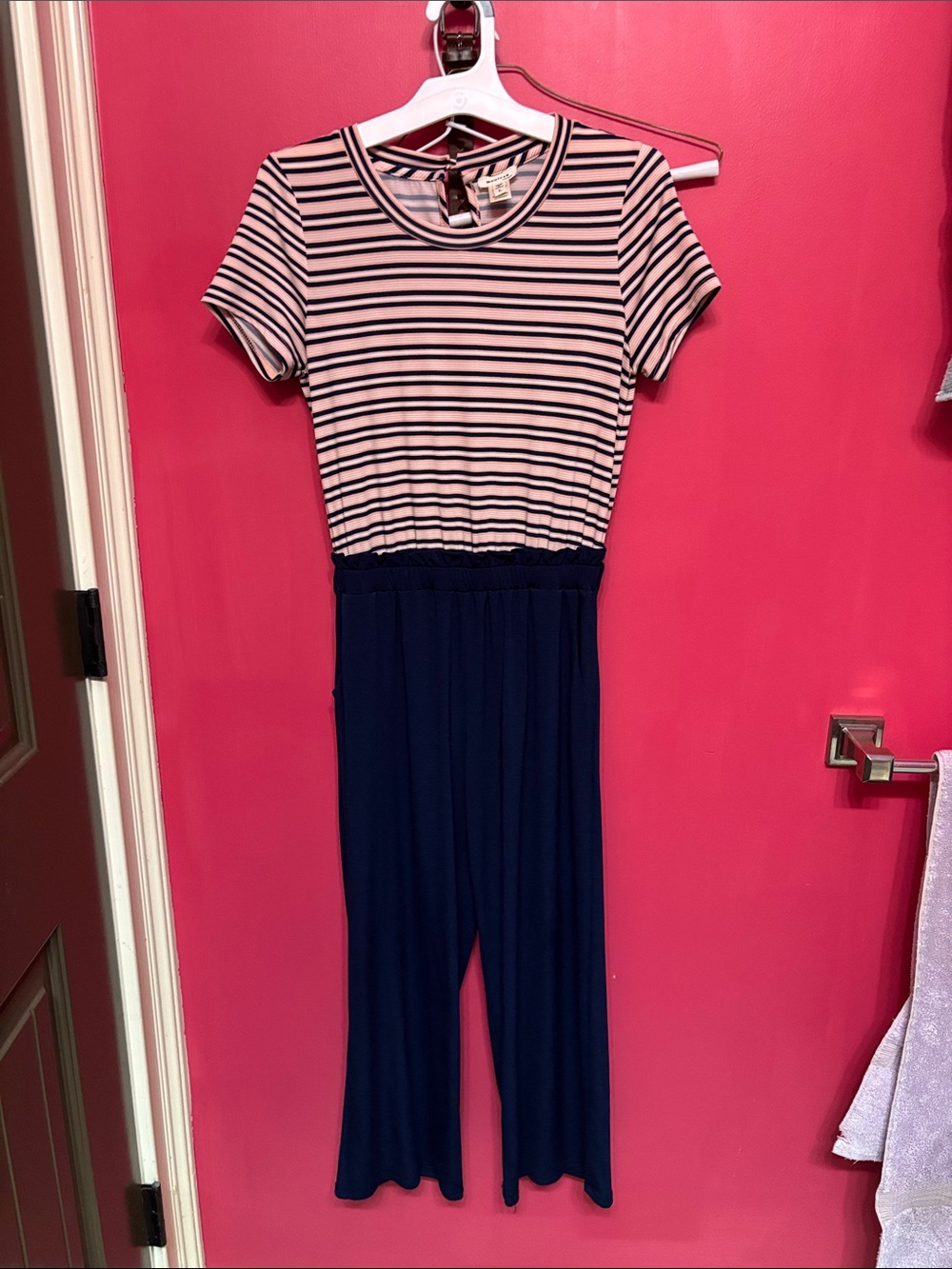 Monteau Pink & Navy Striped Short-Sleeve Jumpsuit